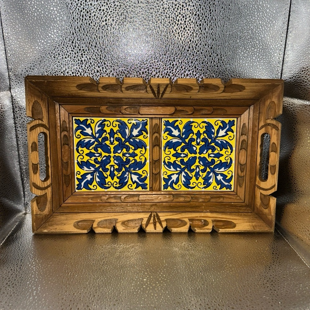 Vintage Mexican hand carved Wooden Tray with Blue and Yellow Tile Inlay